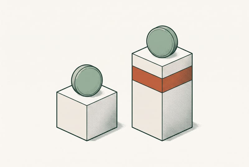Illustration of two identical green tablets on pedestals of different heights, the taller pedestal marked with an orange band.
