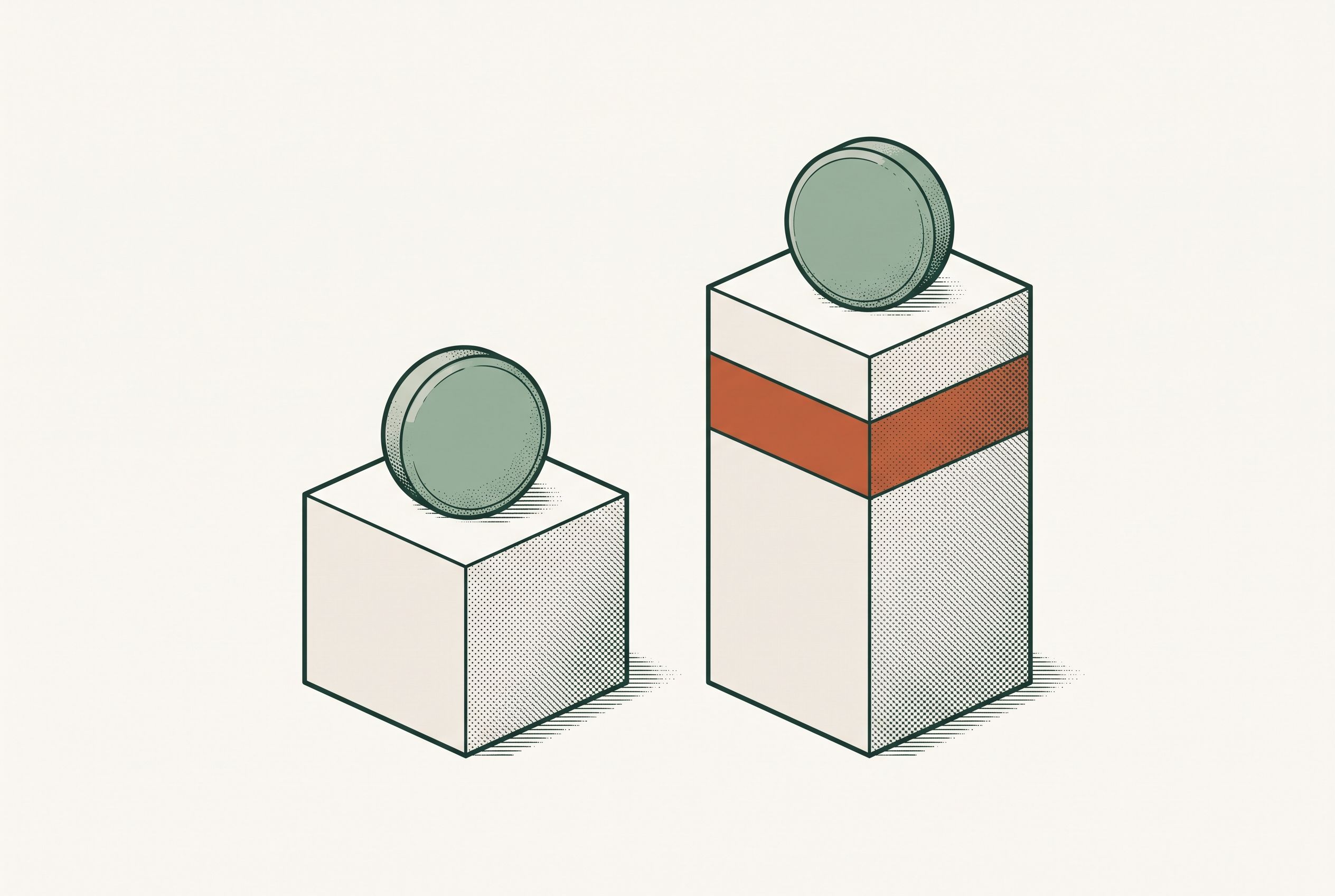 Illustration of two identical green tablets on pedestals of different heights, the taller pedestal marked with an orange band.