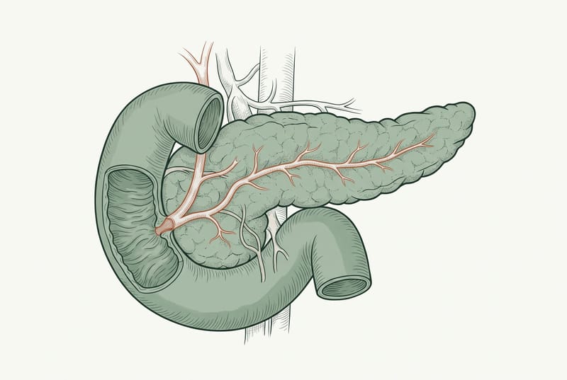 Anatomical illustration of the pancreas nestled against the duodenum, showing the pancreatic duct and surrounding blood vessels.