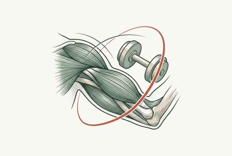 Anatomical illustration of the muscles of a flexed upper arm beside a dumbbell, encircled by an orange ring.