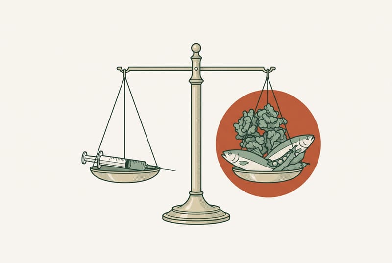 Illustration of a balance scale with a medication syringe on one pan and fish, peas, and leafy greens on the other.