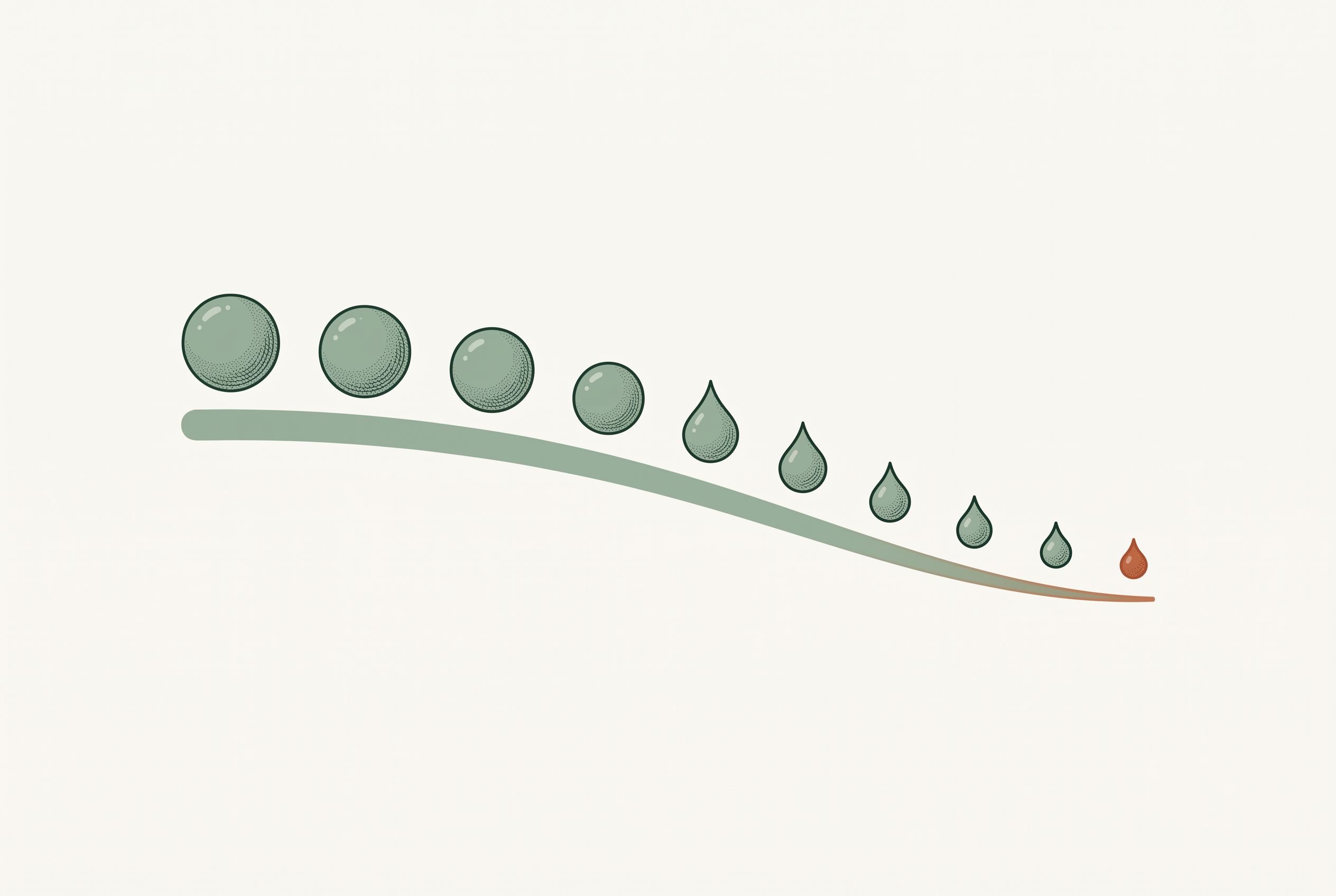 Illustration of green spheres shrinking into droplets along a descending curve, ending in a small orange drop.