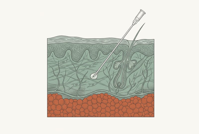 Cross-section illustration of skin layers with a needle delivering a subcutaneous injection into the fatty tissue beneath the skin.