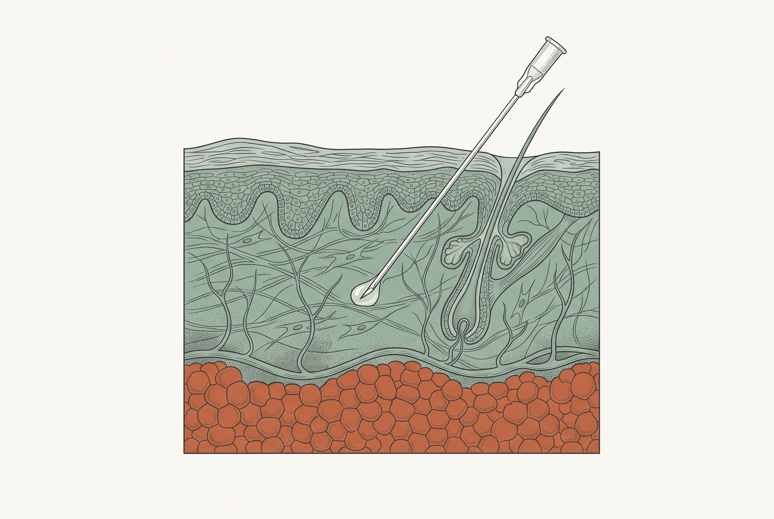 Cross-section illustration of skin layers with a needle delivering a subcutaneous injection into the fatty tissue beneath the skin.