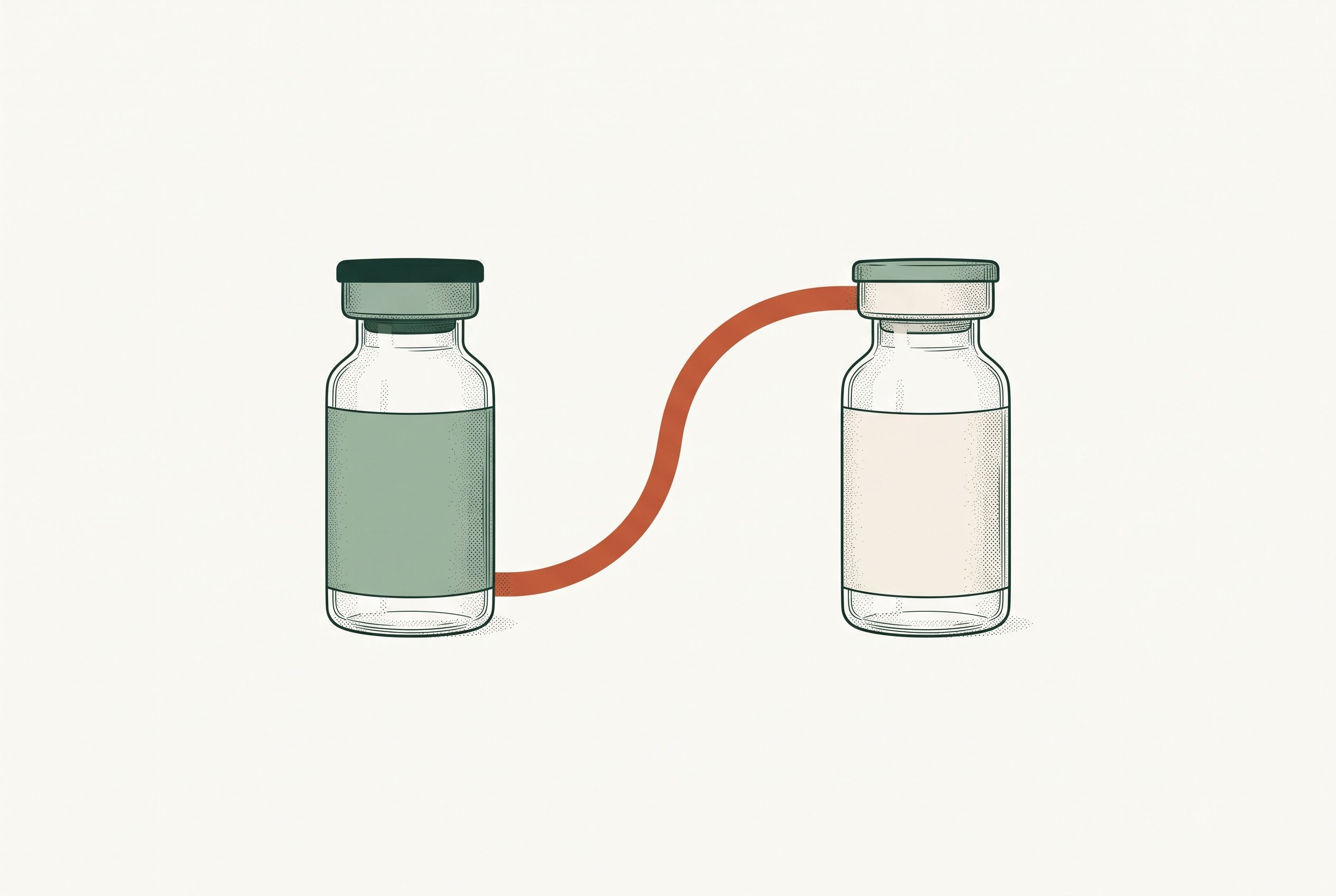 Illustration of two medication vials, one with a green label and one with a cream label, joined by a curved orange line.