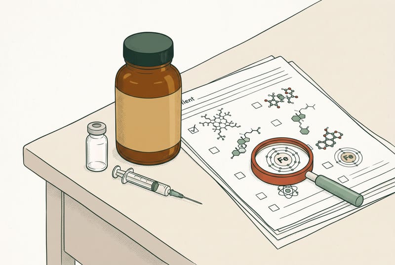 Illustration of a supplement bottle, a medication vial, and a syringe on a table beside a nutrient checklist, with a magnifying glass over the symbol for iron.