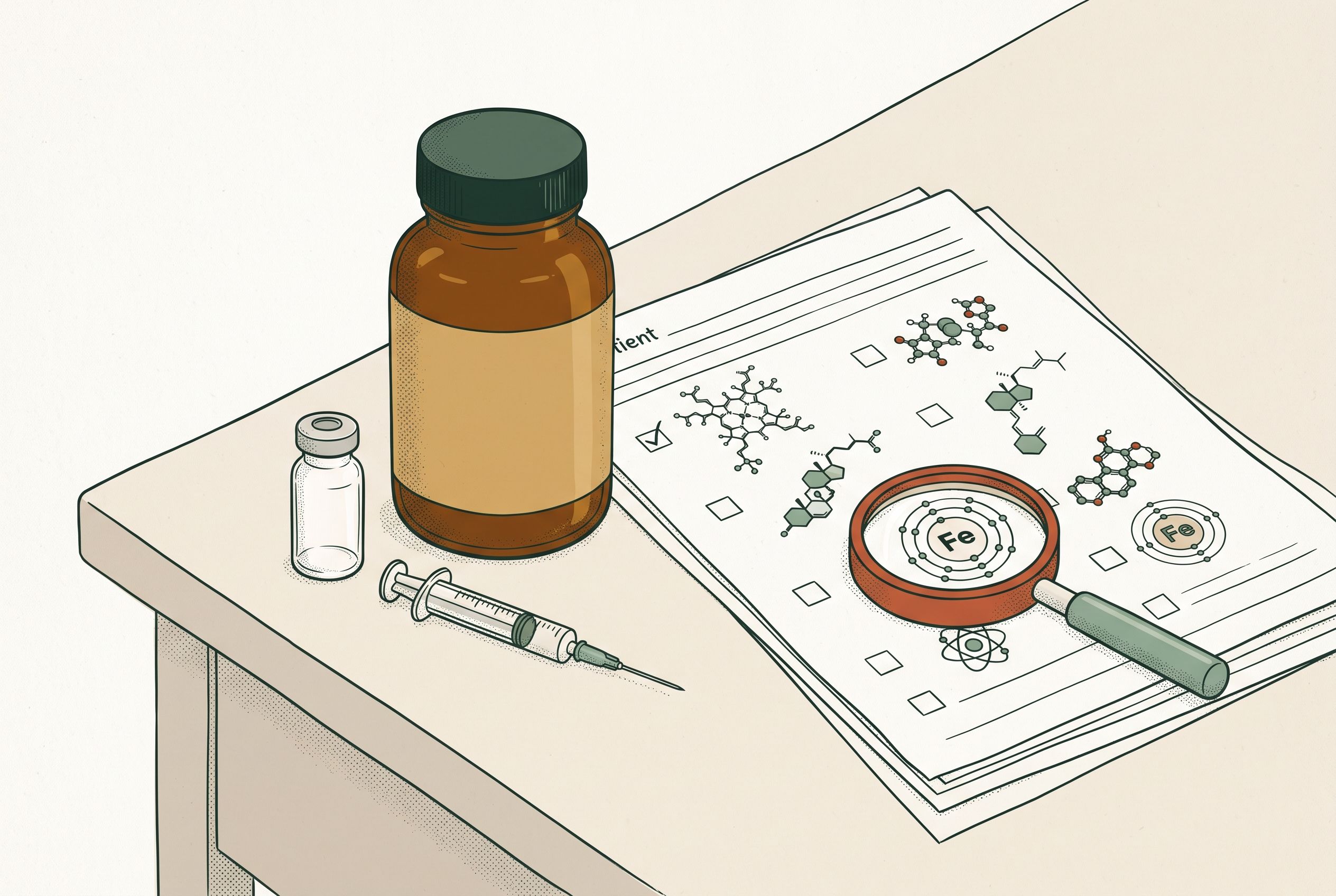 Illustration of a supplement bottle, a medication vial, and a syringe on a table beside a nutrient checklist, with a magnifying glass over the symbol for iron.