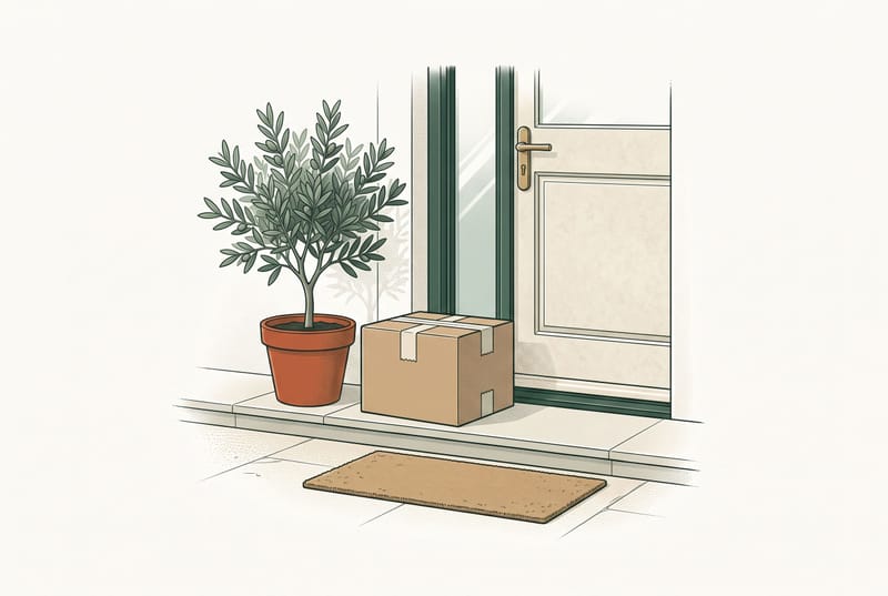 Illustration of a delivered package sitting on a front doorstep beside a potted olive tree — representing a Wegovy shipment arriving from the pharmacy.