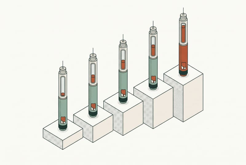 Illustration of five injection pens on rising pedestals, each pen fuller than the last — representing the Wegovy dose escalation from 0.25 mg to the 2.4 mg maintenance dose.