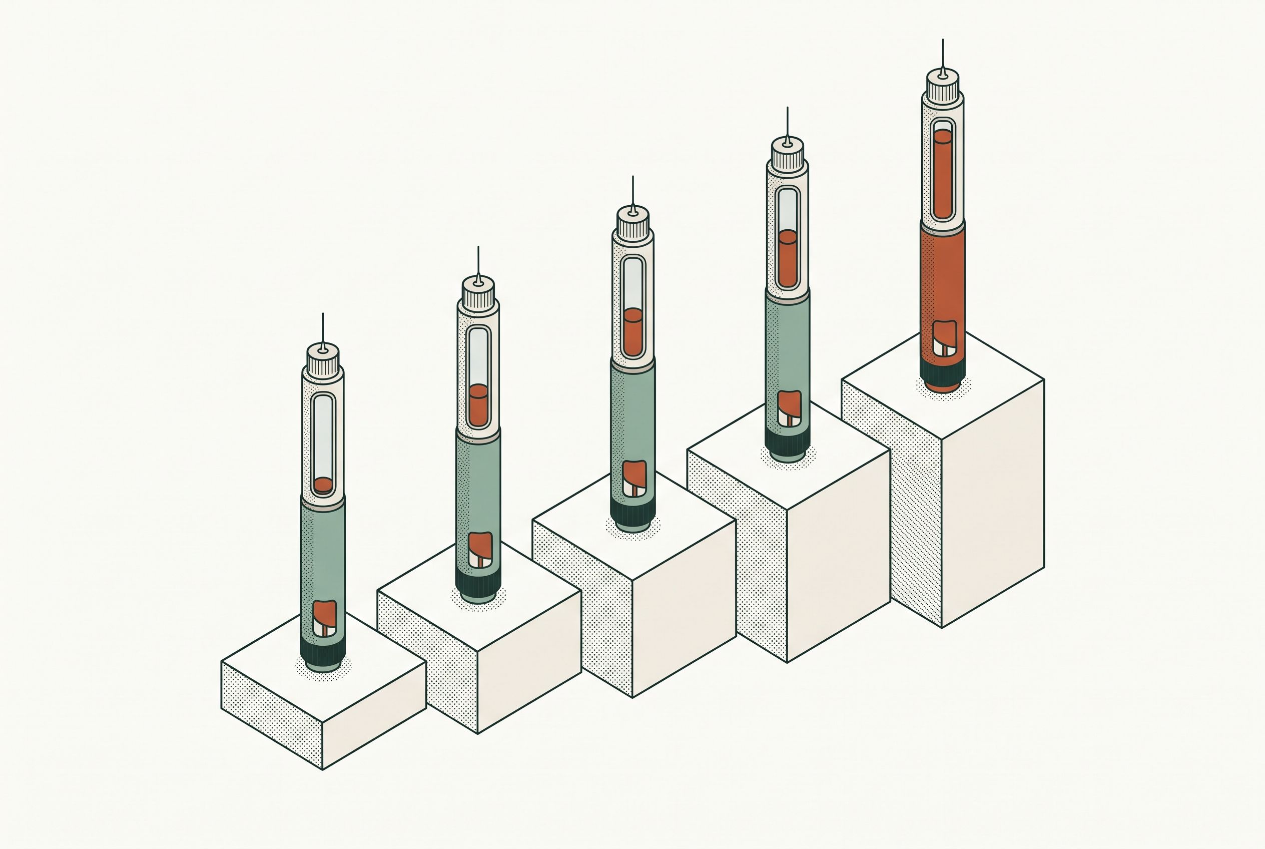 Illustration of five injection pens on rising pedestals, each pen fuller than the last — representing the Wegovy dose escalation from 0.25 mg to the 2.4 mg maintenance dose.