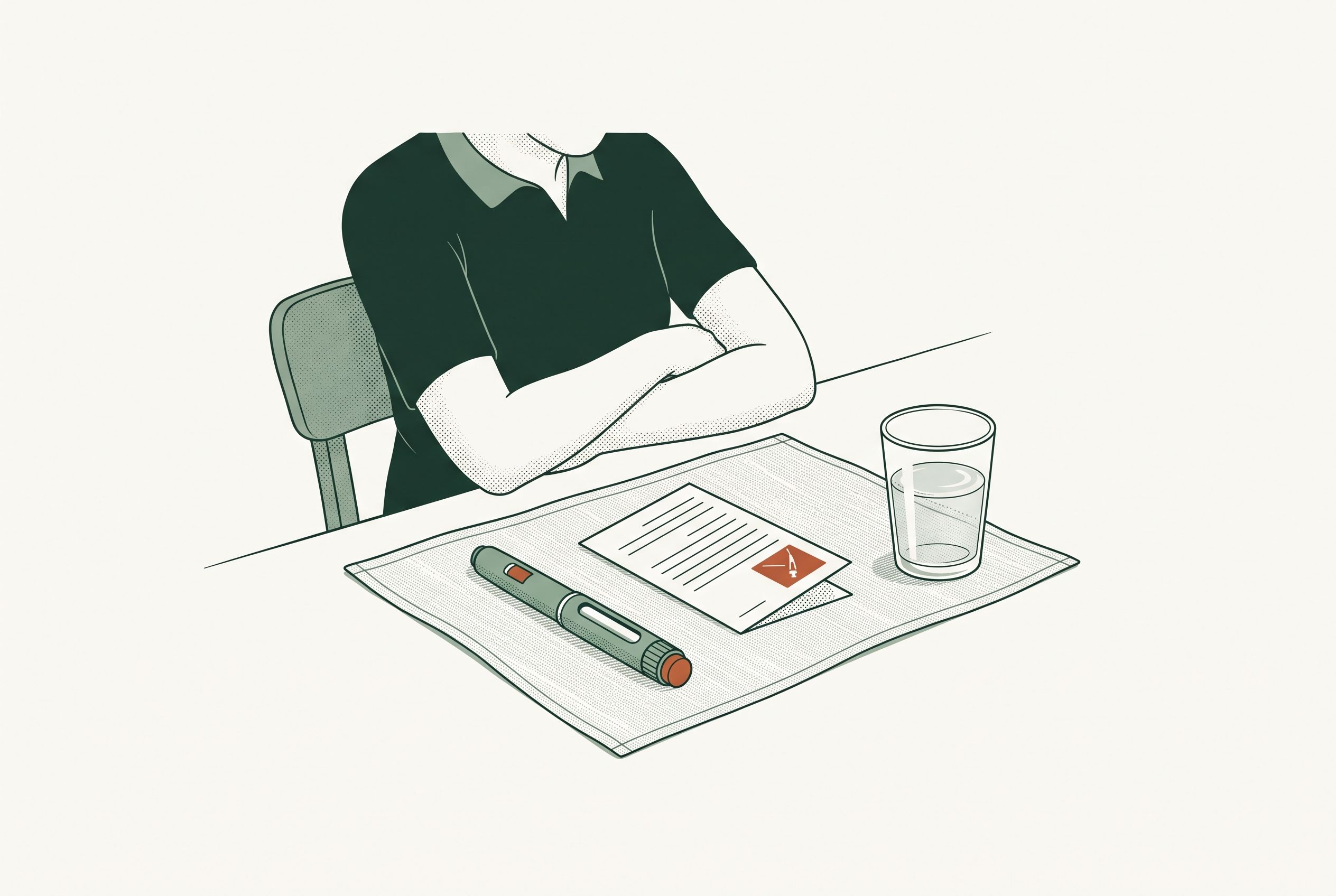 Illustration of a person seated at a table with a Wegovy injection pen, the Medication Guide, and a glass of water in front of them.