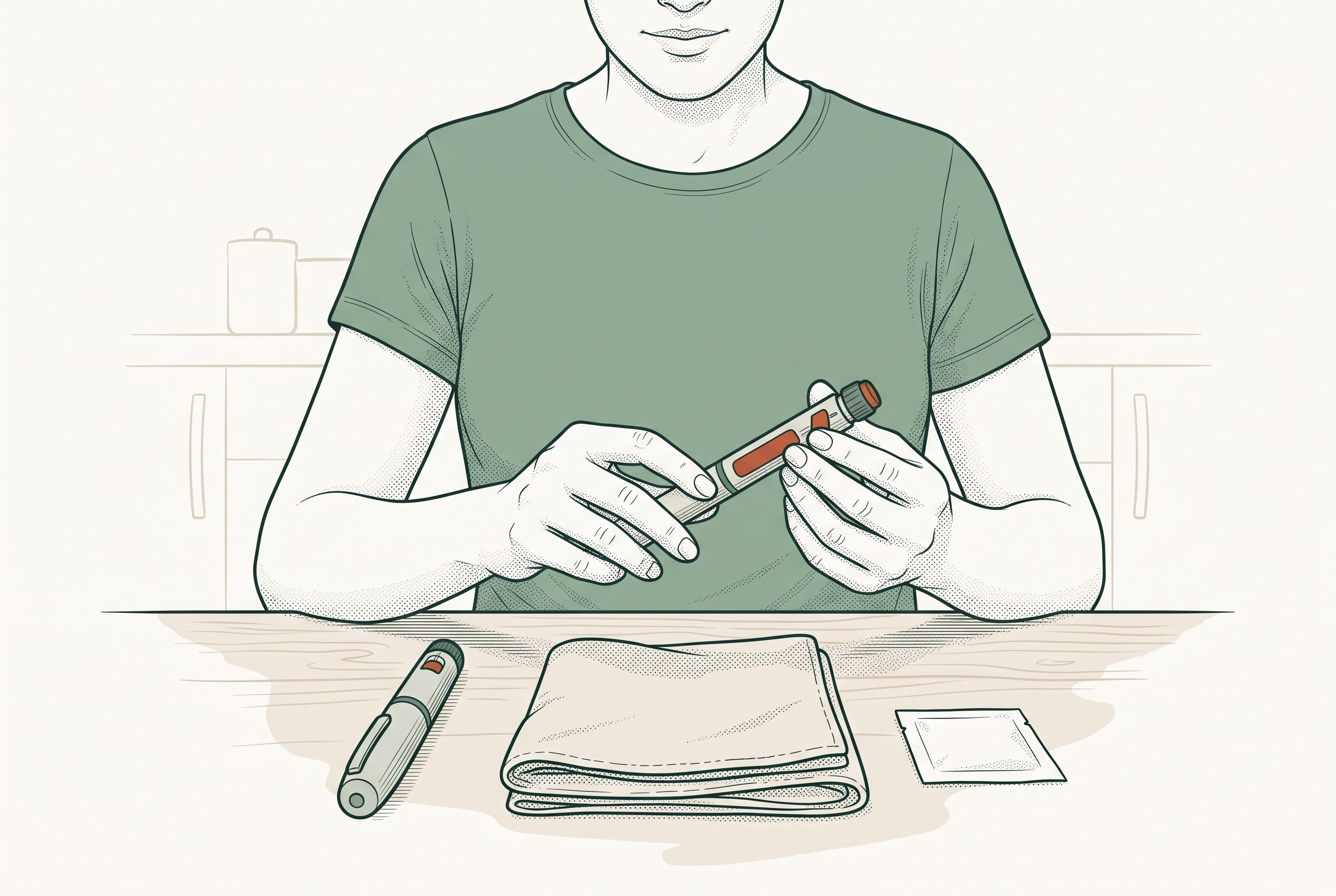 A person at a kitchen table checks a Wegovy-style single-dose injection pen, with a spare pen, folded towel, and alcohol swab laid out in front of them.