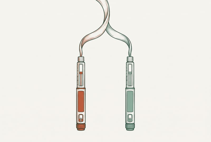 Illustration of two identical injection pens, one orange and one green, joined by ribbons that twist together above them.