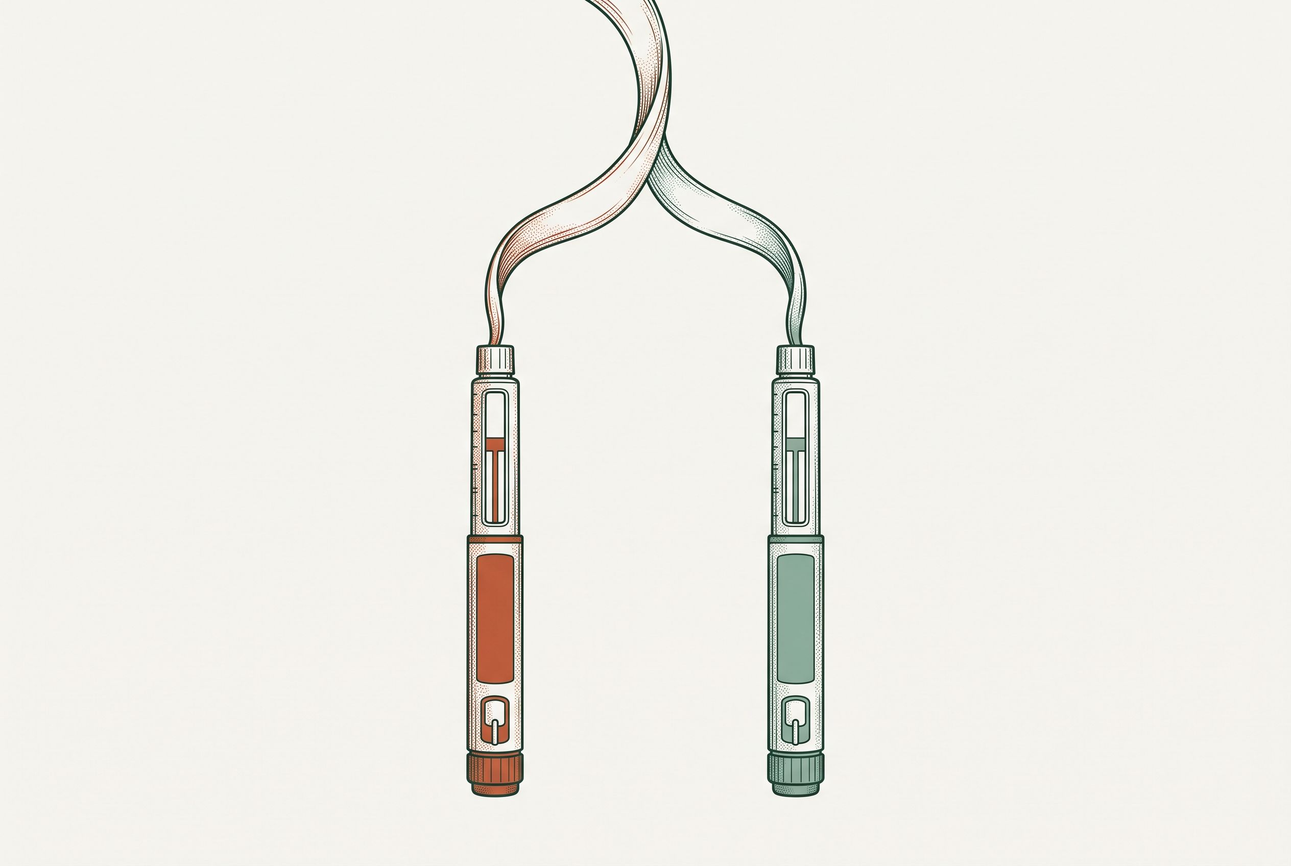 Illustration of two identical injection pens, one orange and one green, joined by ribbons that twist together above them.