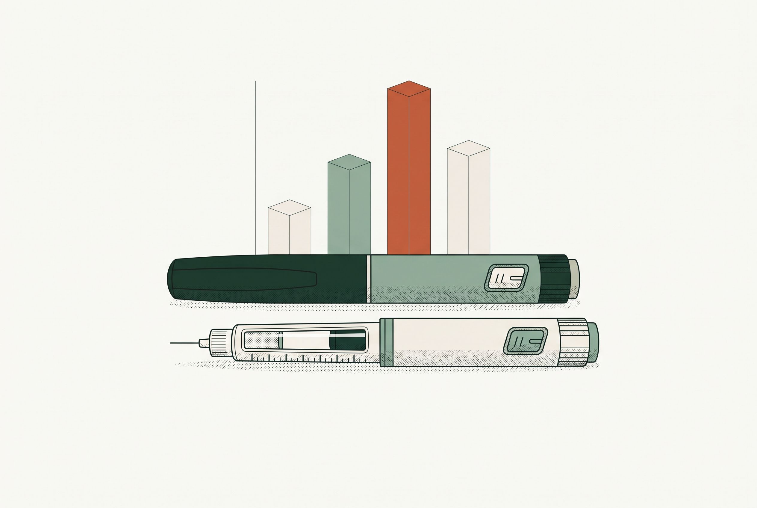 Illustration of two injection pens lying in front of a bar chart with one tall orange bar among shorter green and cream bars.