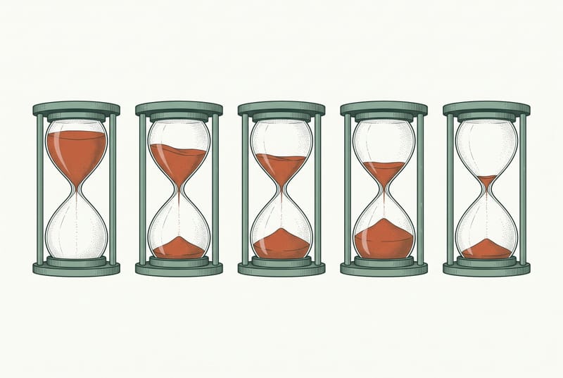 Illustration of five hourglasses in a row with sand progressively draining from first to last — representing week-by-week progress on Wegovy.