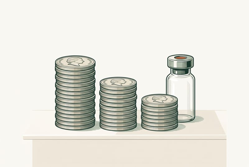 Three descending stacks of coins beside a medication vial.