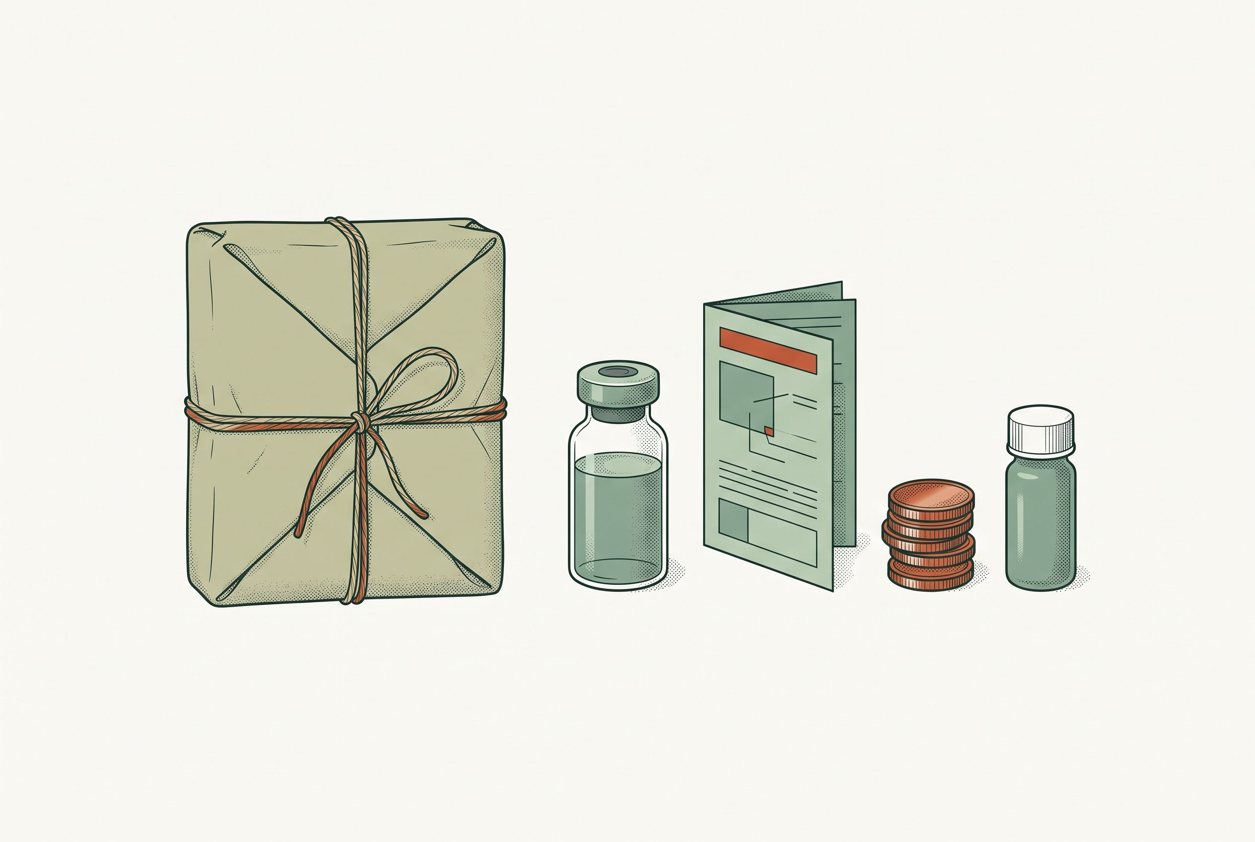 Illustration of a wrapped parcel beside a medication vial, a pricing leaflet, a stack of coins, and a pill bottle — the pieces bundled into a GLP-1 price.