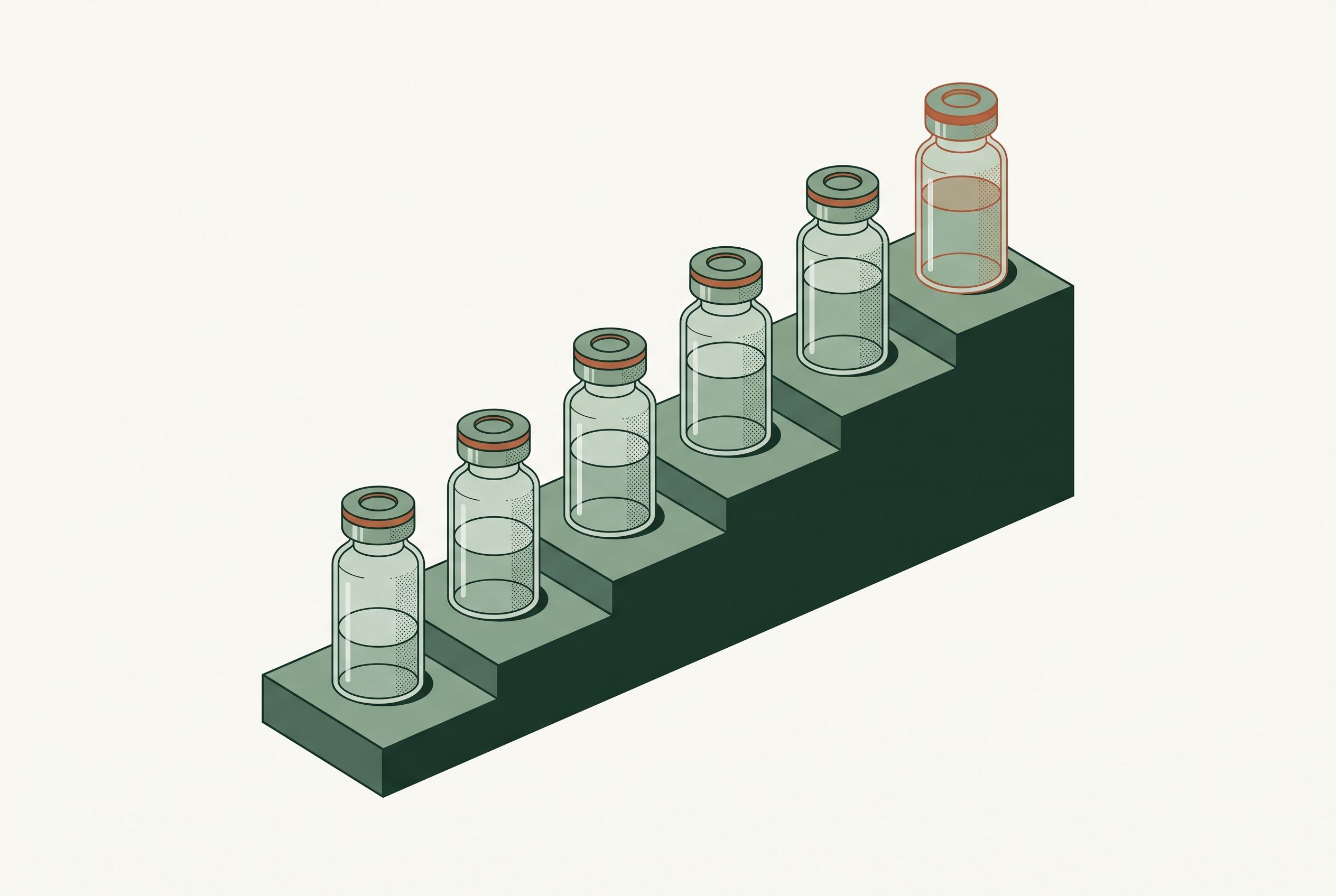 Illustration of six medication vials on ascending steps with the top vial highlighted — representing the Zepbound dose ladder from 2.5 mg up to 15 mg.