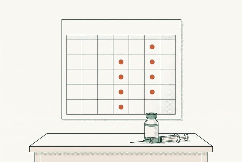 A weekly calendar with injection days marked, a Zepbound vial, and a syringe.