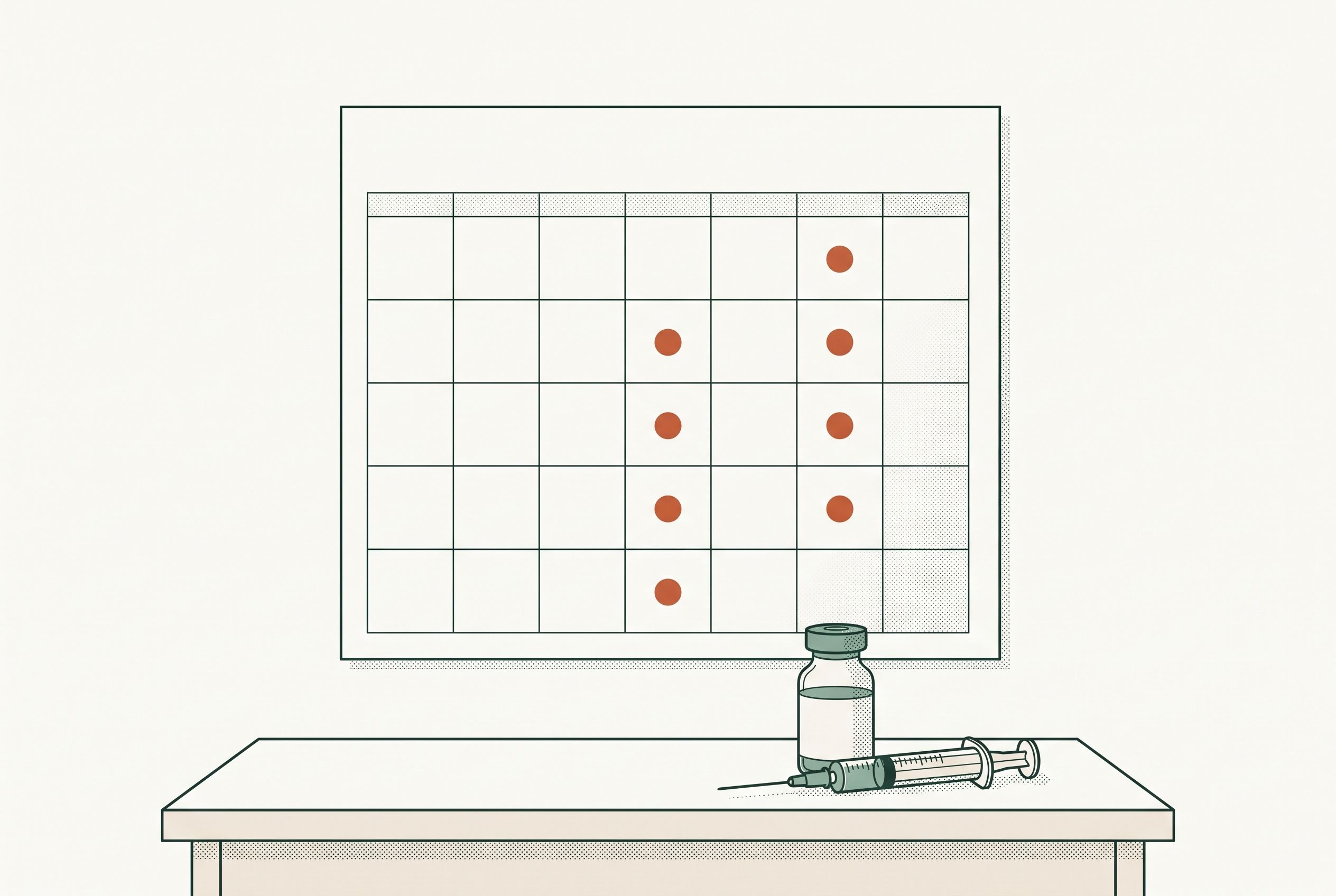 Illustration of a wall calendar with weekly injection days marked, a Zepbound single-dose vial, and a syringe on the table below.