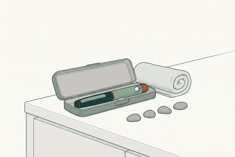 A Zepbound KwikPen in an open travel case beside a rolled towel and stones.