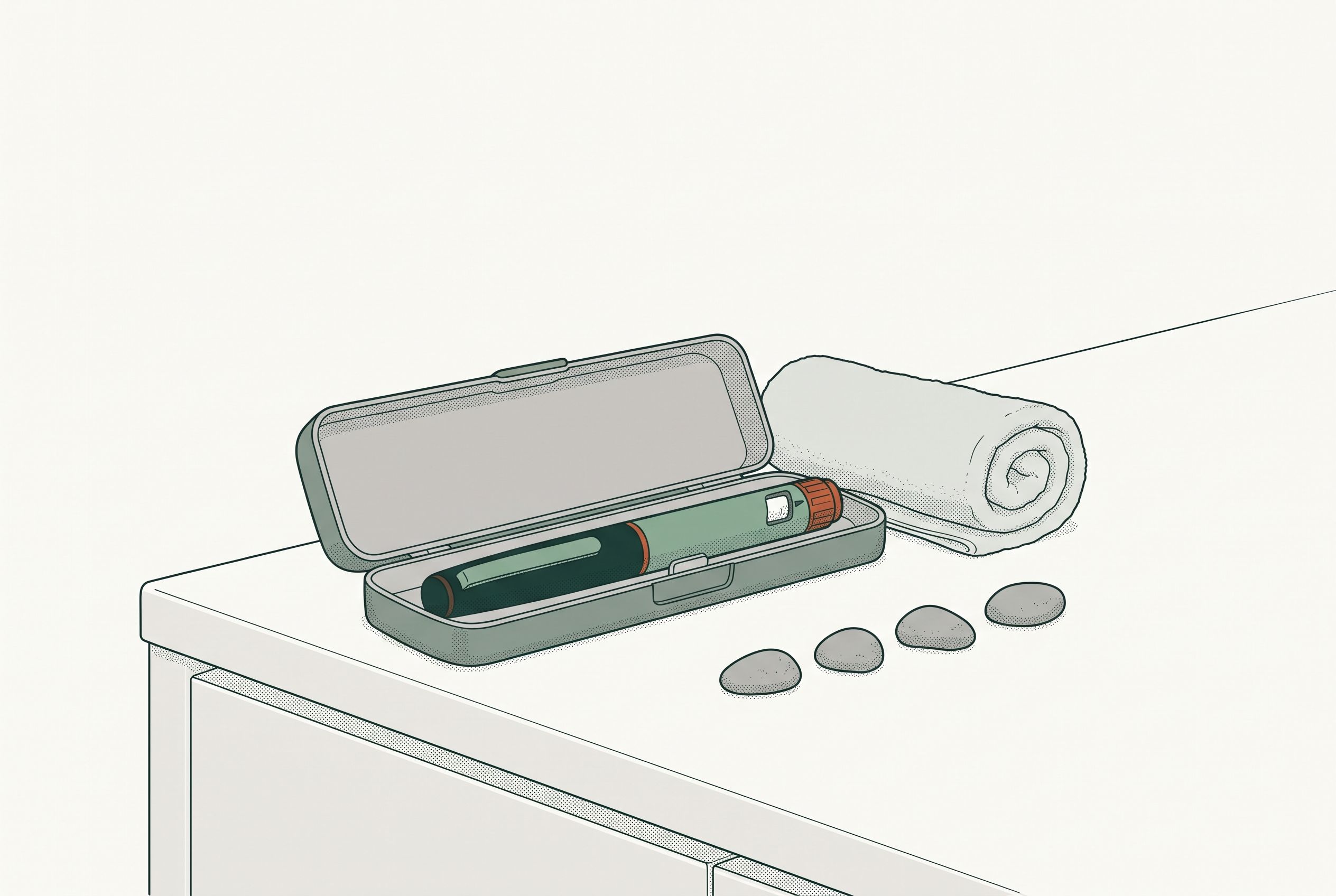 Illustration of a Zepbound KwikPen in an open protective travel case beside a rolled towel and smooth stones.