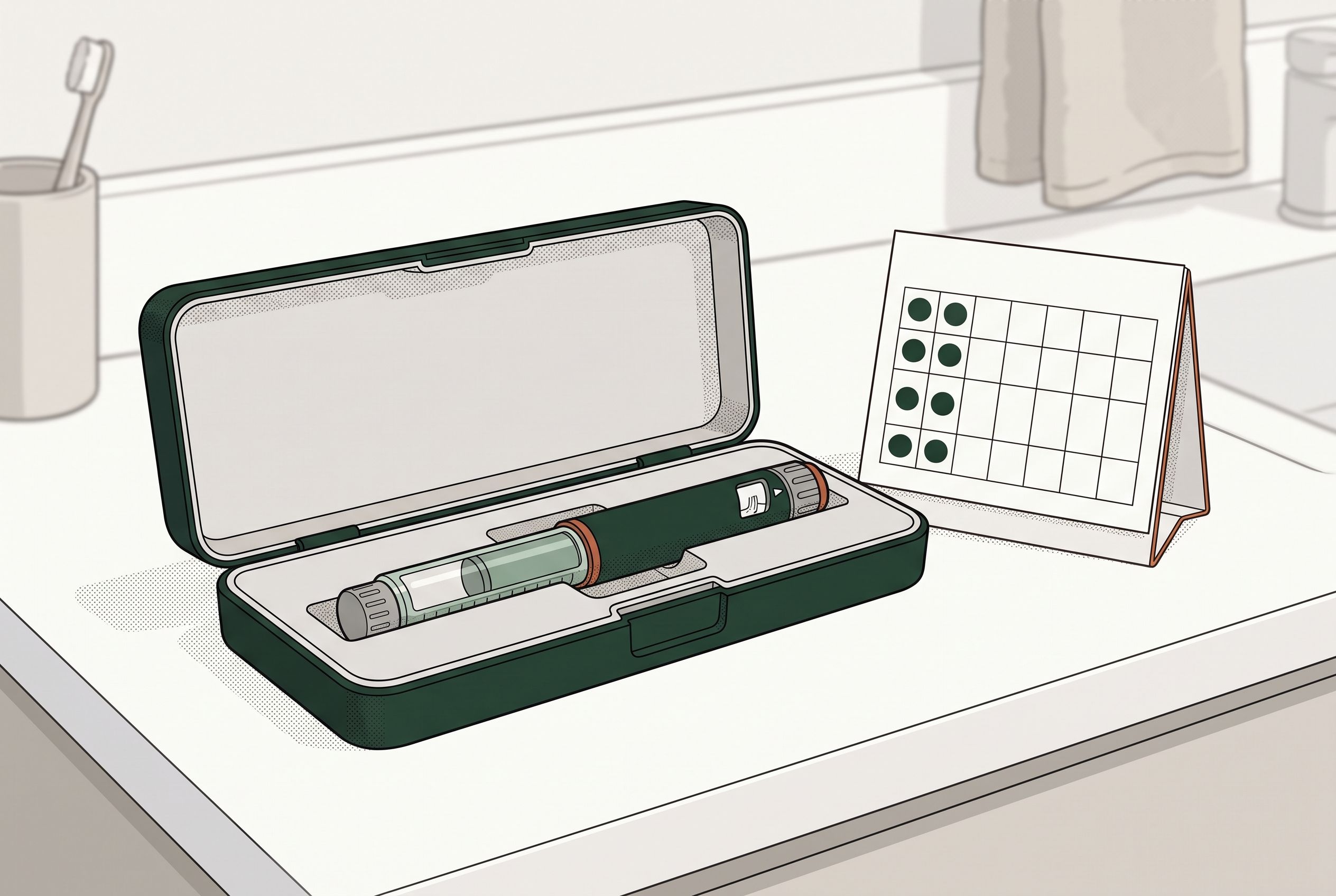 A Zepbound-style KwikPen resting in its open travel case beside a standing dose calendar with four weekly doses marked.