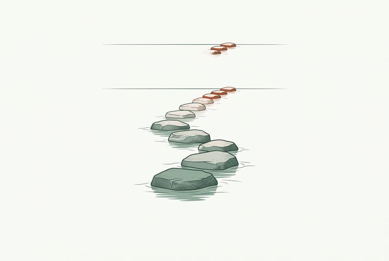 Illustration of stepping stones crossing calm water toward the horizon — representing the step-by-step Zepbound dose schedule.