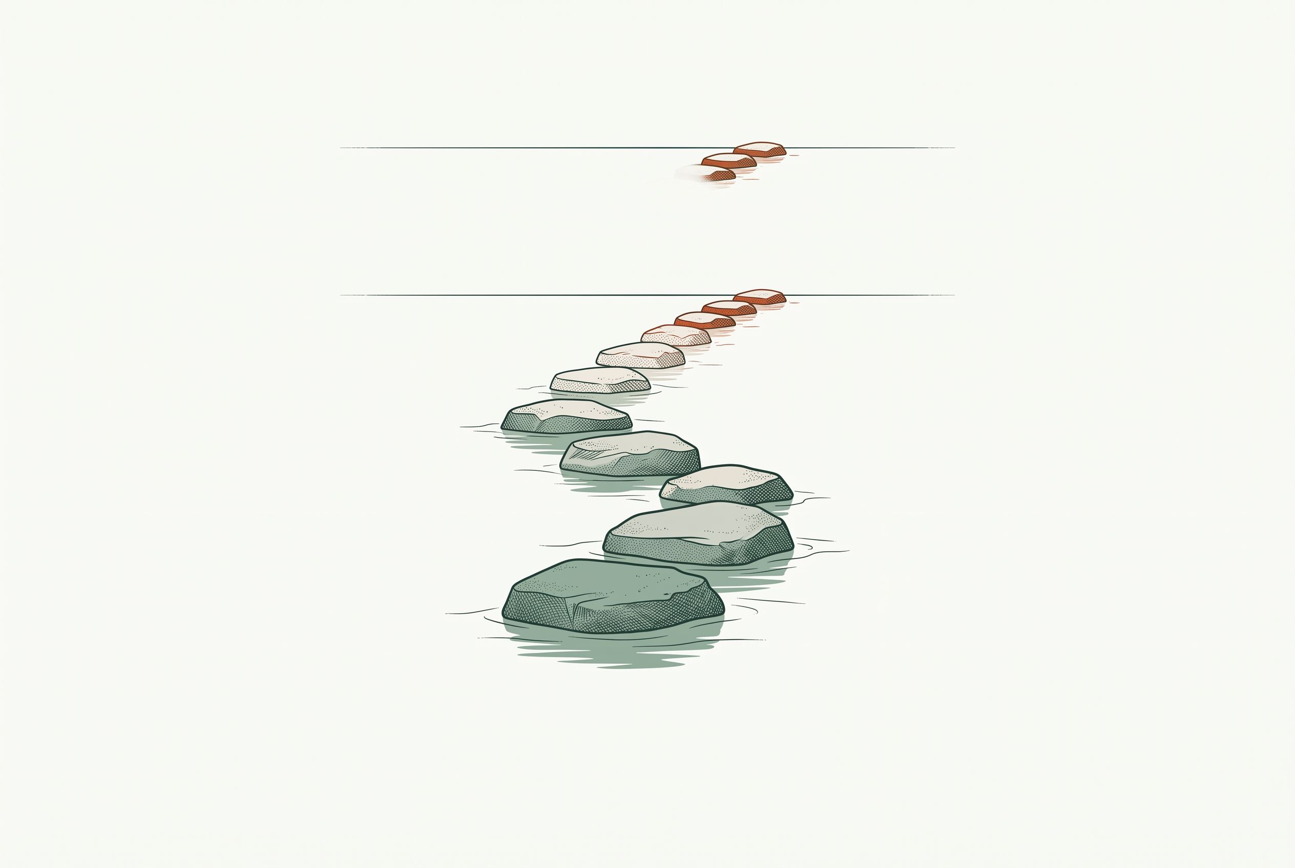 Illustration of stepping stones crossing calm water toward the horizon — representing the step-by-step Zepbound dose schedule.
