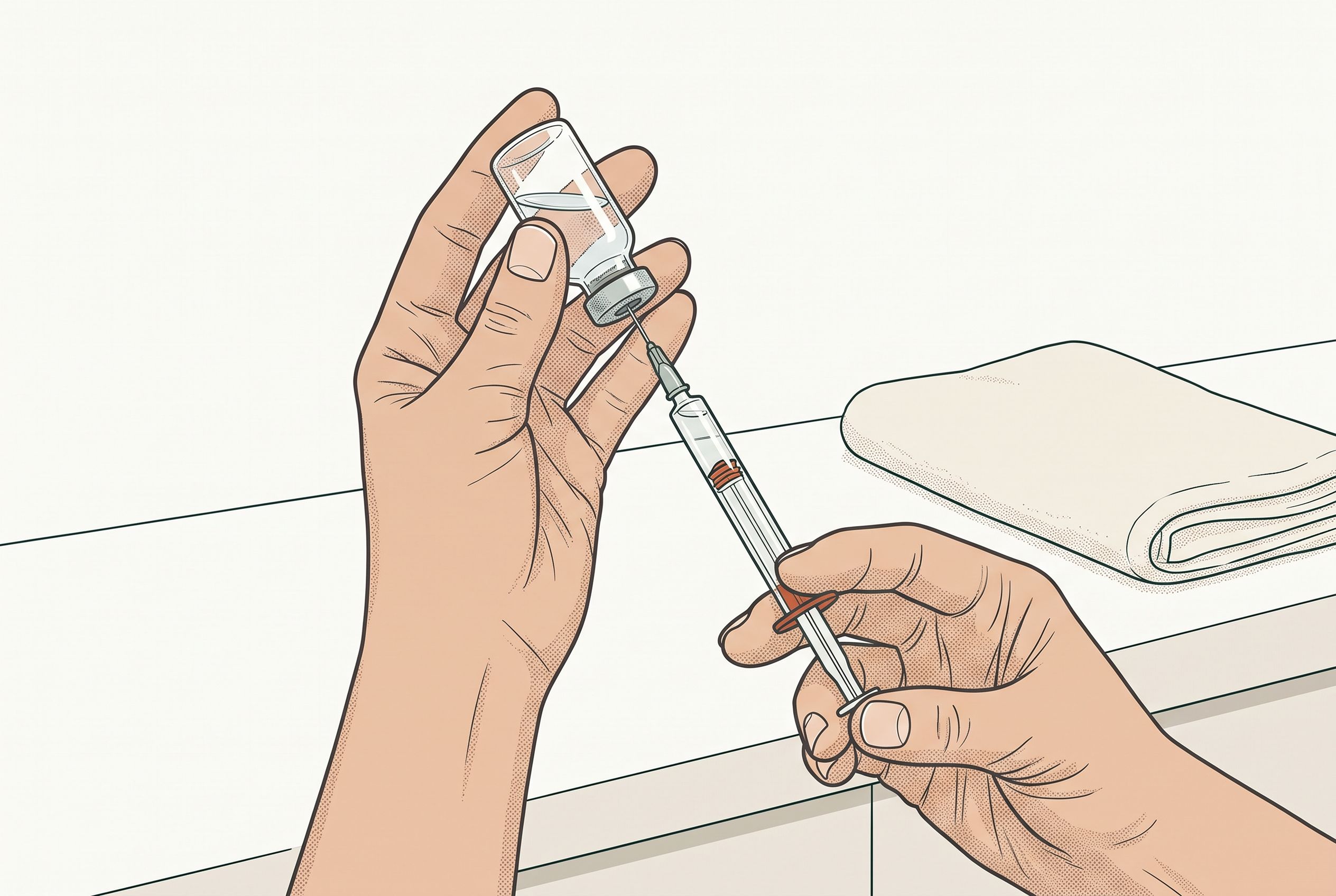 Two hands drawing medication from an inverted single-dose vial into a syringe above a clean countertop with a folded towel.