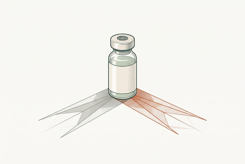 Illustration of a single medication vial casting two shadows in different directions, one grey and one orange.