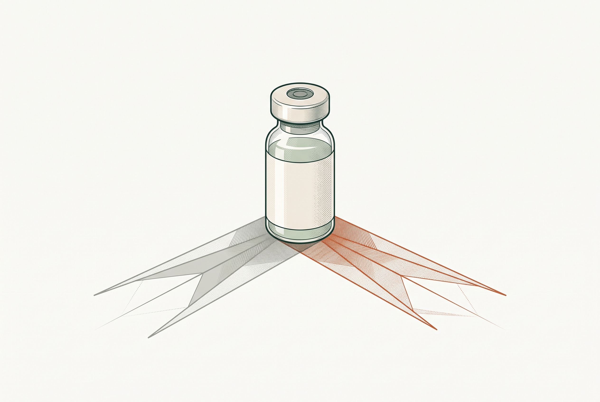 Illustration of a single medication vial casting two shadows in different directions, one grey and one orange.